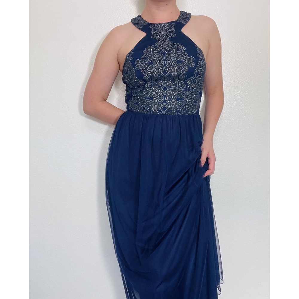 Xtraordinary | Navy & Silver Long Sleeveless Prom Dress